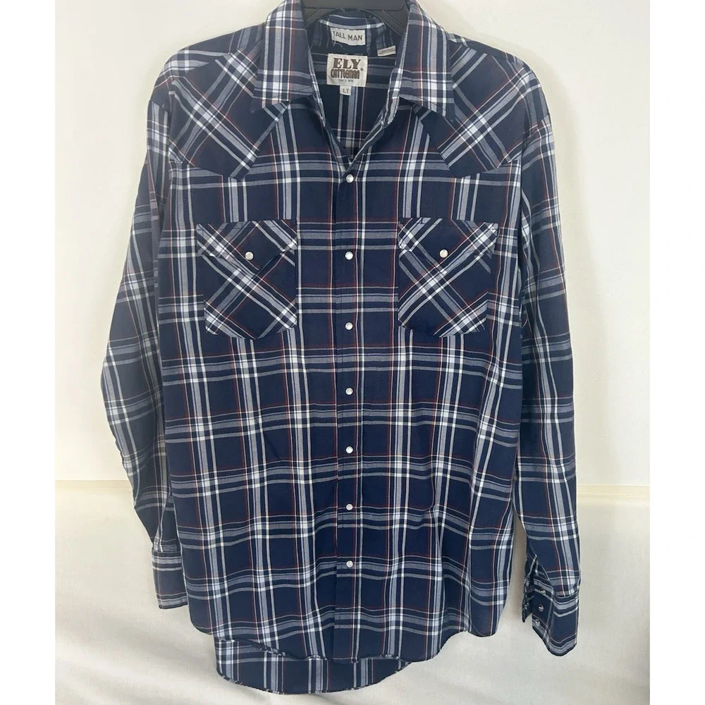 Thrashed Ely Cattleman western Pearl snap long sl blue/white/red shirt Sz L Tall